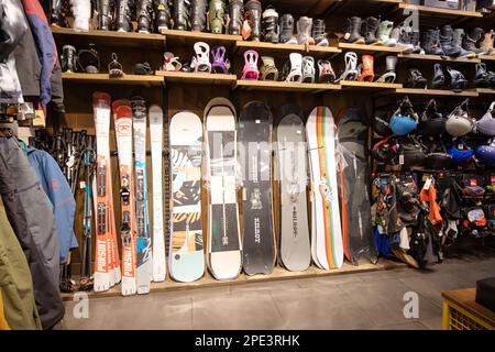 16 September 2022, Antalya, Turkiye: Sport snowboarding and skiing for sale in fitness equipment store Stock Photo