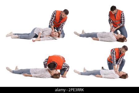 Paramedic performing first aid on unconscious woman against white ...