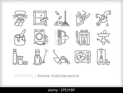 Set of home maintenance line icons of chores, tasks, and seasonal to do items to keep a home maintained Stock Vector