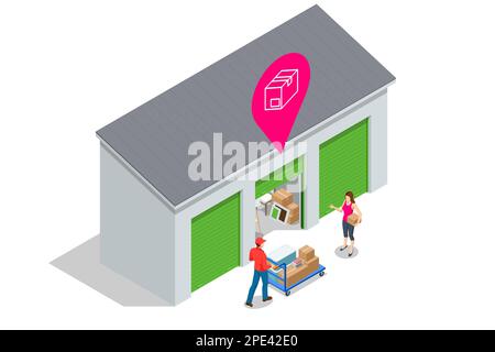 Isometric exterior of a modern storage room for a warehouse of home appliances, lamps, armchairs, boxes, bicycles and other things. Warehouse of Stock Vector