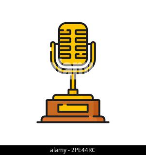 Microphone radio equipment, golden line award trophy icon. Vector singing or speaking gold tool, reward. Mic for singer or leading concert device Stock Vector