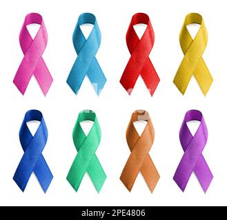 Set with different color ribbons on white background. World Cancer Day Stock Photo