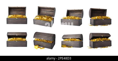 Set with treasure chests full of gold coins on white background. Banner design Stock Photo