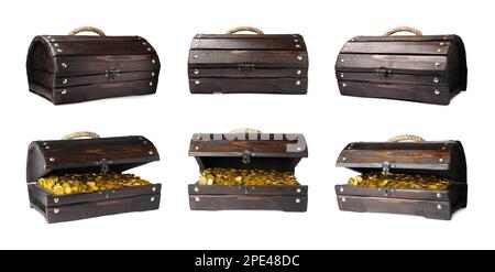 Set with treasure chests full of gold coins on white background. Banner design Stock Photo