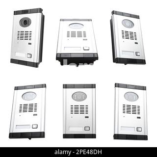 Set with modern intercom door stations on white background Stock Photo