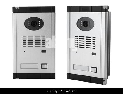 Modern intercom door stations on white background, collage Stock Photo