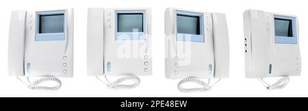 Intercom base stations with handsets on white background, collage. Banner design Stock Photo