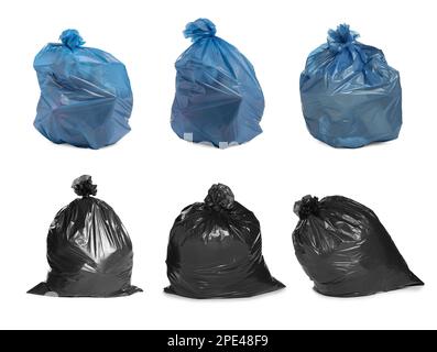 Set with trash bags filled with garbage on white background Stock Photo
