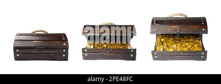 Set with treasure chests full of gold coins on white background. Banner design Stock Photo