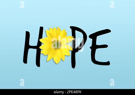 Word HOPE made with letters and beautiful yellow chrysanthemum on turquoise background Stock Photo