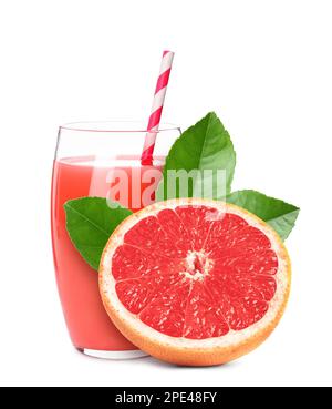 Glass of grapefruit juice, fresh fruit and green leaves on white background Stock Photo