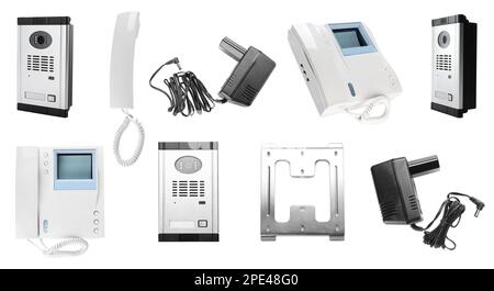 Set with modern intercom stations on white background Stock Photo