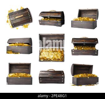 Set with treasure chests full of gold coins on white background Stock Photo