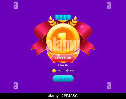 Level up award, cartoon vector online game reward point, golden trophy badge with number one in golden coin, laurel and red ribbon. App ui pop up elem Stock Vector