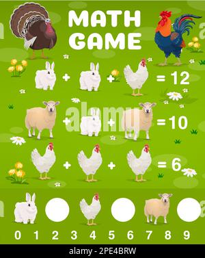 Cartoon farm animals, math game worksheet quiz, vector education puzzle ...