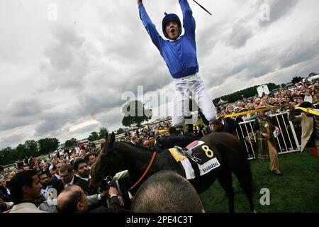 Frankie Dettori jumps in jubilation after riding Shamardal to the