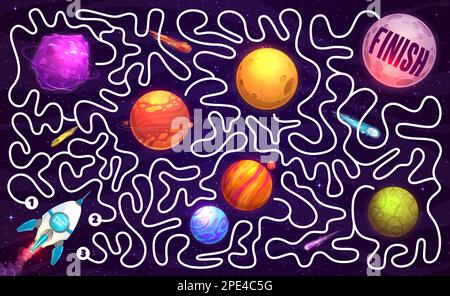 Galaxy labyrinth maze cartoon space planets, stars and rocket. Kids vector board game worksheet with starship searching correct way on tangled path in Stock Vector