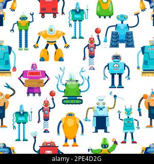 Cartoon robot characters seamless pattern. Future technologies cute toy and bot vector personages background. Space monster machines, artificial intel Stock Vector