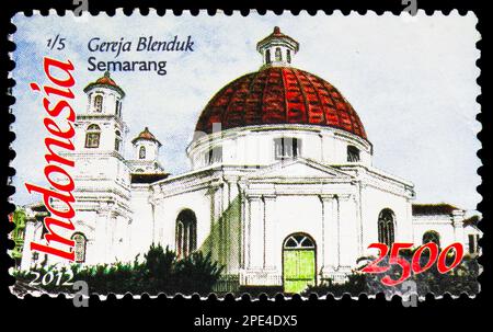 MOSCOW, RUSSIA - FEBRUARY 17, 2023: Postage stamp printed in Indonesia shows Blenduk Church, Semarang, Religious Buildings serie, circa 2012 Stock Photo