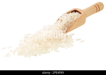 Pile of uncooked white rice in a wooden spoon, isolated on white background Stock Photo