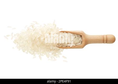Pile of uncooked white rice in a wooden spoon, isolated on white background Stock Photo