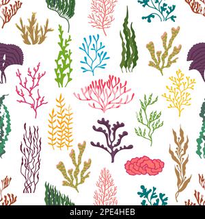 Underwater seaweed plants seamless pattern. Sea and ocean coral reef life vector background. Marine water plants, color algae seaweeds backdrop of kel Stock Vector