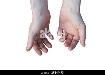 Two open empty hands with palms up. Male rough hands. Open gesture. Isolated on white background. Stock Photo