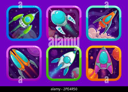 Cartoon galaxy space starships, game asset. Vector spacecraft rockets ...