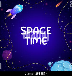 Cartoon space background with rocket and stars. Vector fantasy planets of alien universe galaxy, spaceship, falling stars and asteroids border frame w Stock Vector