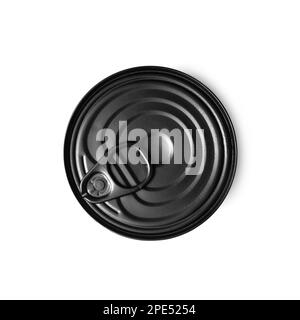 Black round closed tin can isolated on white background, tinned food, preserves top view. Stock Photo