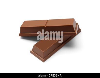 Crispy chocolate bars one on top of the other on a white background close-up. Sweet bars in milk chocolate close-up. Dessert. Snack. Calorie foods. Stock Photo