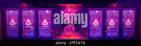 Virus alert in room with server hardware. Vector cartoon illustration of red data center room interior design, system error warning and bugs. Information security failure, hosting equipment emergency Stock Vector