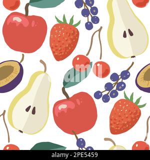 Seamless pattern with ripe juicy garden fruits, apples, cherries and pears. Hand drawn vector illustration. Stock Vector