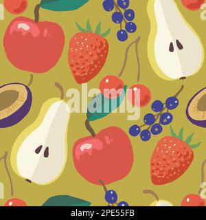 Seamless pattern with ripe juicy garden fruits, apples, cherries and pears. Hand drawn vector illustration. Stock Vector