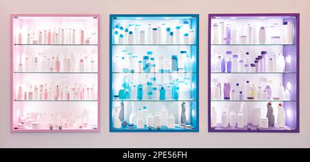 Showcase shop with plastic bottles and jars cosmetic and shampoo Stock Photo