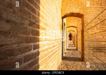 Isfahan, Iran - May 2022: back view woman walk on Sio Se Pol or Bridge of 33 arches, one of the oldest bridges of Esfahan and longest bridge on Zayand Stock Photo
