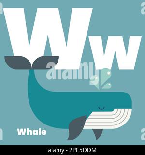 Cute children ABC alphabet flashcard words with the letter W for kids learning English vocabulary. Whale. Vector illustration Stock Vector