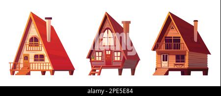 Cabins, wooden houses in forest, mountain village or camp. Small log cottages, huts with chimney, porch and stairs isolated on white background, vector cartoon illustration Stock Vector
