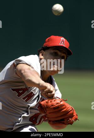 Bartolo Colon of the Cleveland Indians pitches during a 2002 MLB season  game against the Los Angeles Angels at Angel Stadium, in Los Angeles,  California. (Larry Goren/Four Seam Images via AP Images