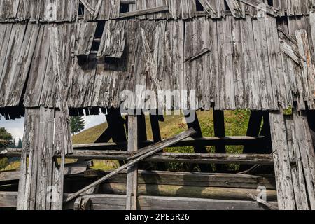 Perspective wood roof texture - Old wooden roof texture. Stock Photo