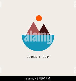 Logo for travel agency, mountains, sun and lake, sea. Isolated color icon with nature, vector geometric minimal illustration Stock Vector