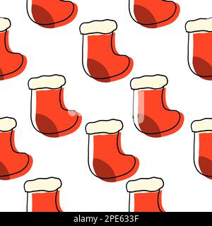 Christmas Sock in cartoon flat style. Vector seamless pattern isolated on white background. Stock Vector