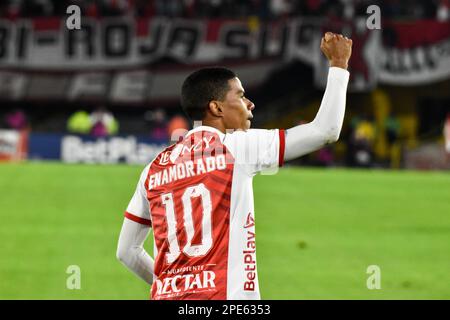 Bogota, Colombia. 14th Mar, 2023. America de Cali's Edwin Velasco hits  Santa Fe's Wilfrido de la Rosa during the BetPlay Dimayor league match  between Independiente Santa Fe (2) vs America de Cali (