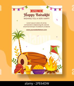 Happy Baisakhi Vertical Poster Cartoon Hand Drawn Templates Background Illustration Stock Vector