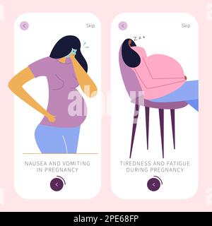 The app design with pregnancy symptoms. New mom has got nausea, vomit, tiredness, apathy and lethargy. Pregnant women has big belly and often has Stock Vector