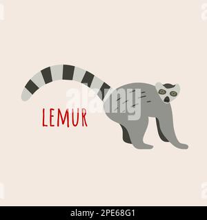 Cute lemur with striped tail, flat illustration. Lemur, simple doodle character isolated on white background Stock Vector