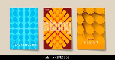Set of bright geometric posters, covers of annual reports. Geometric abstract backgrounds with 3d circles and stars for brochure, catalog, booklet Stock Vector