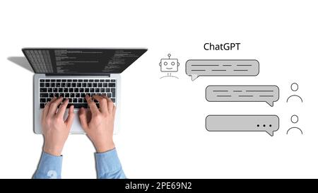 Chatgpt communication concept. Neural network and artificial intelligence. Person working on a laptop Stock Photo