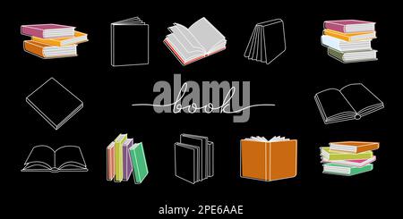 Books horizontal outline banner. Closed and open books line background ...