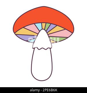 Retro 70s Groovy Hippie sticker stylizes hippie mushroom. Psychedelic cartoon element -funky fungus illustration in vintage hippy style. Vector flat Stock Vector
